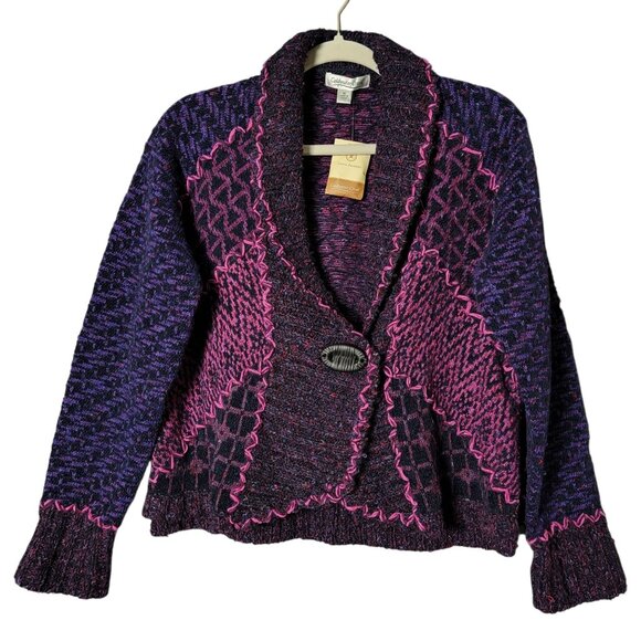 Coldwater Creek Womens Purple Artsy Boho Patchwork Knit Cardigan Sweater Medium - Picture 1 of 12